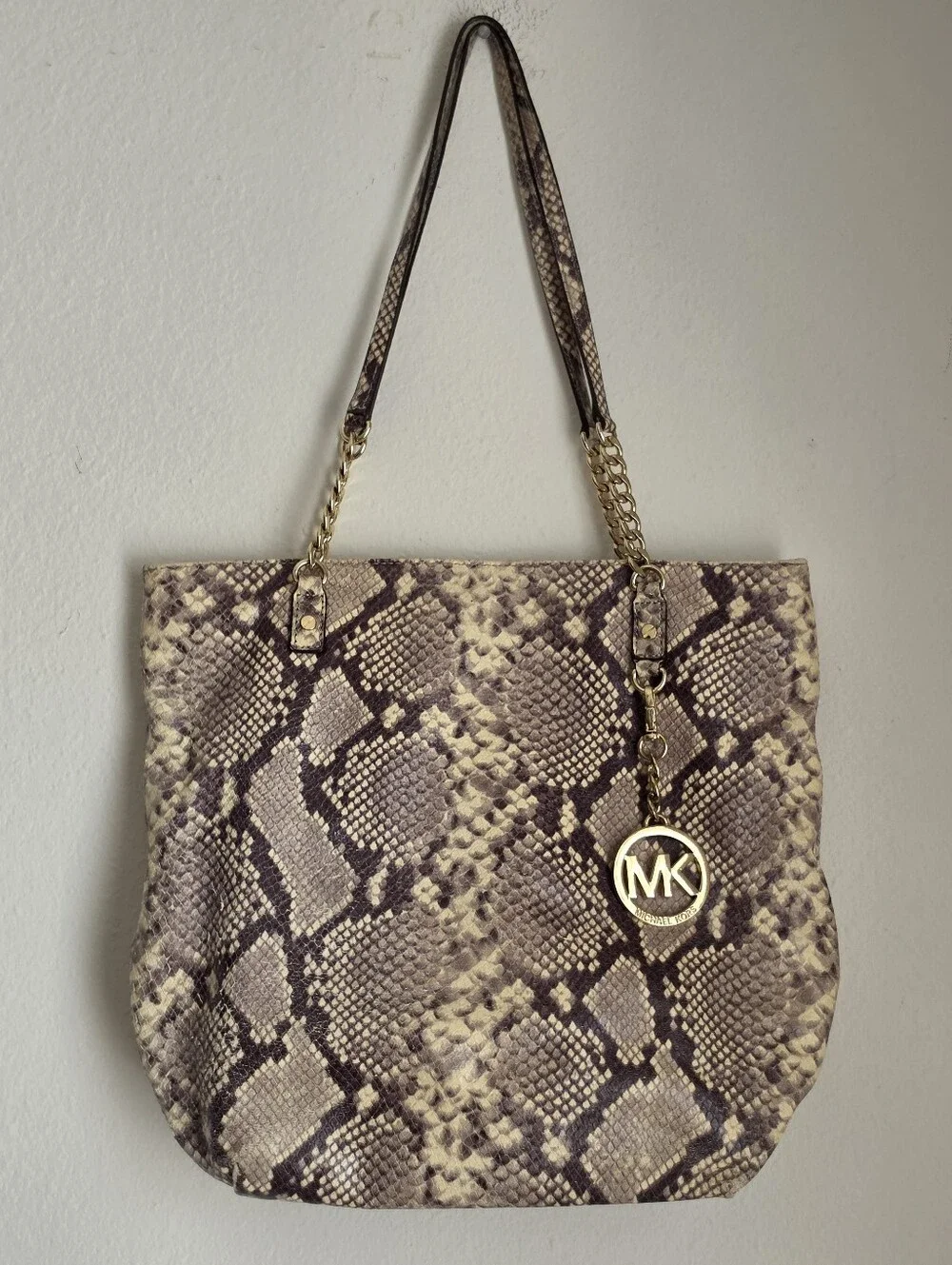 Michael Kors Cream Phython Snake Skin Gold Chain Tote Handbag Purse
